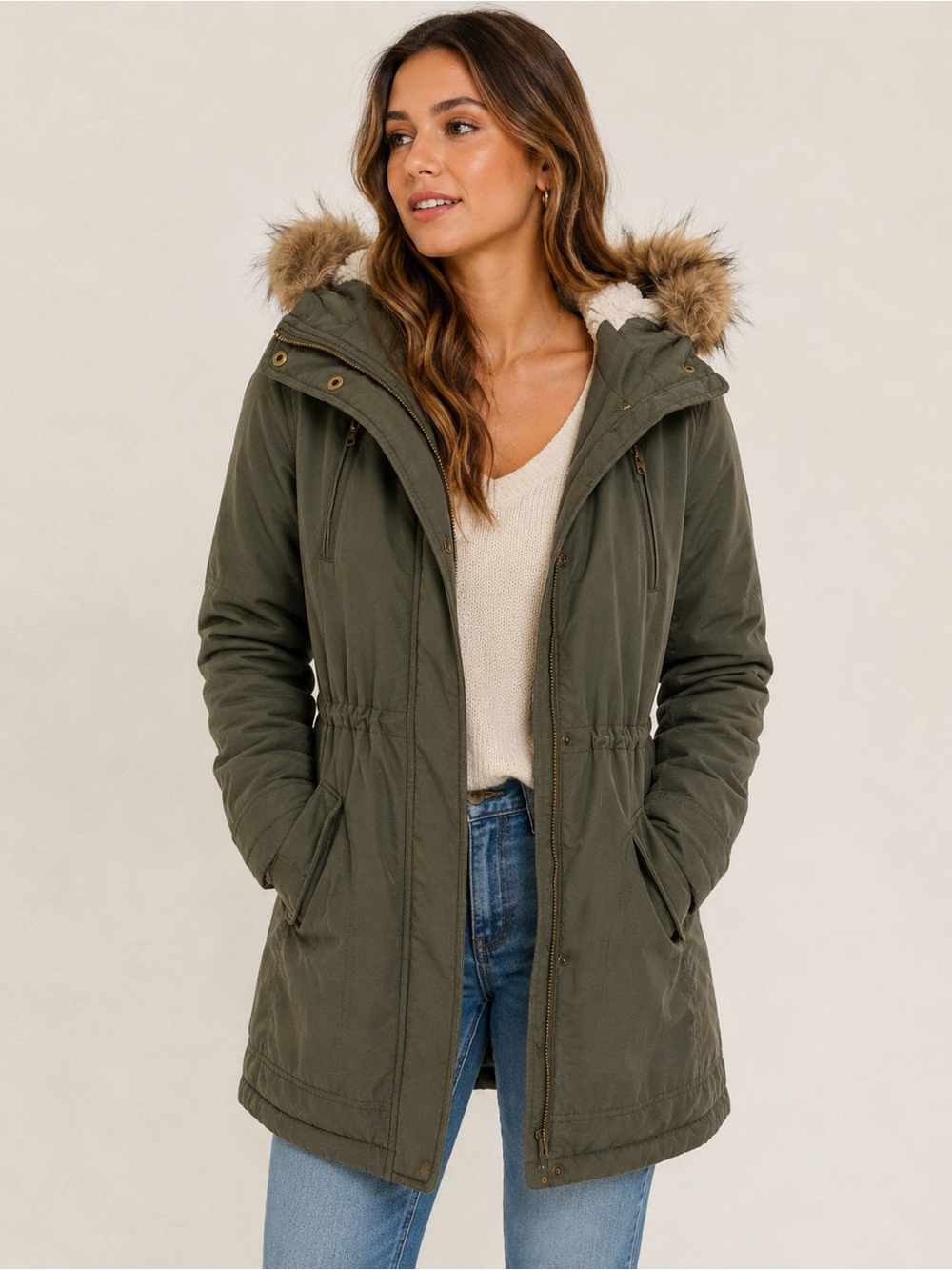American Eagle Outfitters Olive Green Faux Fur Hood Parka Jacket size Medium